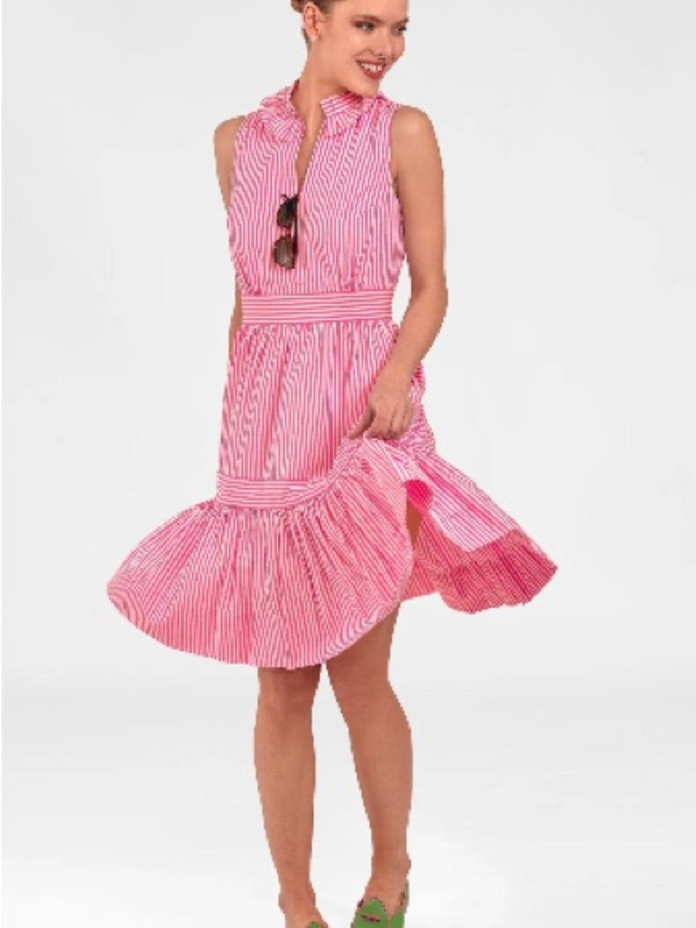 Gretchen Scott Pink/White Stripe Wash & Wear Hope Ruffle Collar Dress (XL)